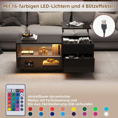 Höhenverstellbarer Couchtisch, Wohnzimmertisch mit LED, Hochglanz-Couchtisch mit 1 Schublade, Sofatisch mit Trennwand aus gehärtetem Glas und verstecktem Stauraum, kann als Esstisch verwendet werden