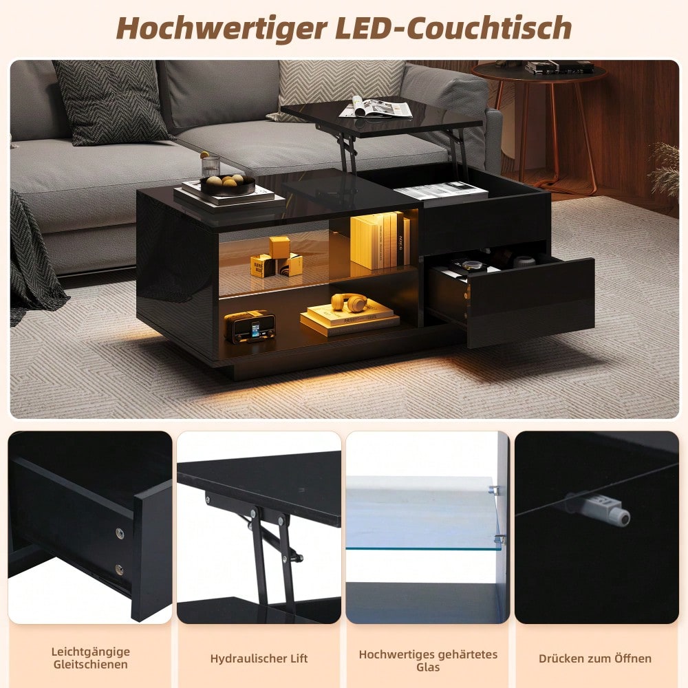 Höhenverstellbarer Couchtisch, Wohnzimmertisch mit LED, Hochglanz-Couchtisch mit 1 Schublade, Sofatisch mit Trennwand aus gehärtetem Glas und verstecktem Stauraum, kann als Esstisch verwendet werden