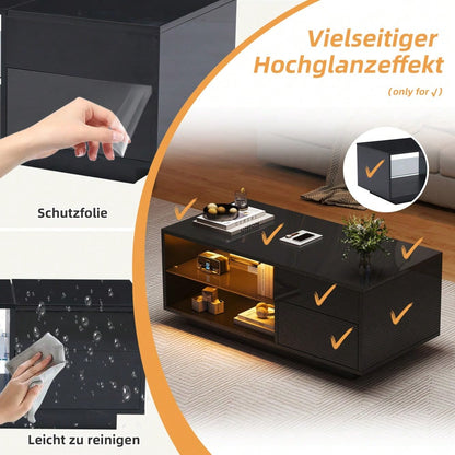 Höhenverstellbarer Couchtisch, Wohnzimmertisch mit LED, Hochglanz-Couchtisch mit 1 Schublade, Sofatisch mit Trennwand aus gehärtetem Glas und verstecktem Stauraum, kann als Esstisch verwendet werden