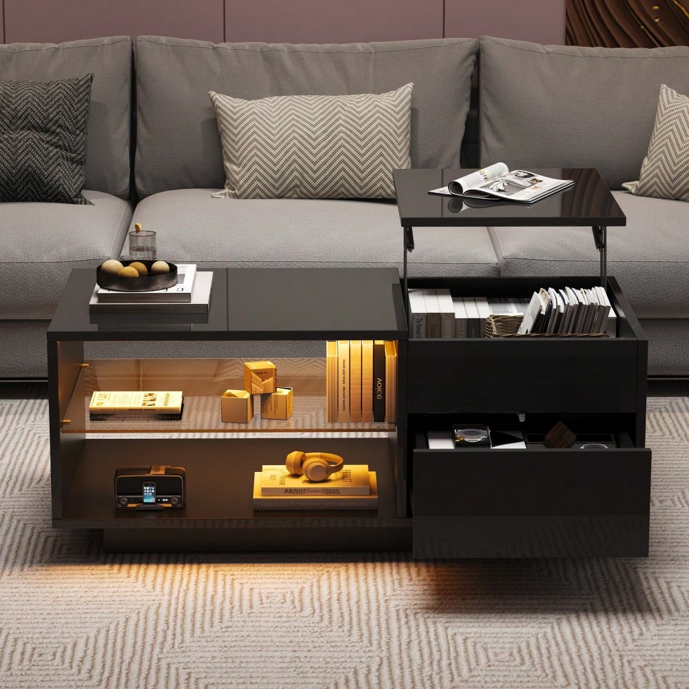 Höhenverstellbarer Couchtisch, Wohnzimmertisch mit LED, Hochglanz-Couchtisch mit 1 Schublade, Sofatisch mit Trennwand aus gehärtetem Glas und verstecktem Stauraum, kann als Esstisch verwendet werden