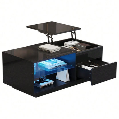 Höhenverstellbarer Couchtisch, Wohnzimmertisch mit LED, Hochglanz-Couchtisch mit 1 Schublade, Sofatisch mit Trennwand aus gehärtetem Glas und verstecktem Stauraum, kann als Esstisch verwendet werden