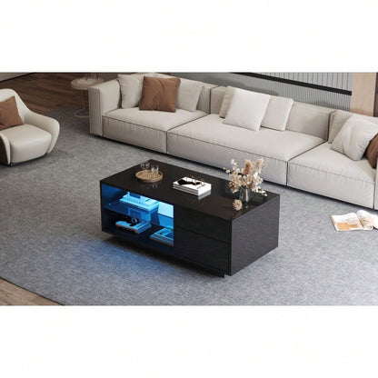 Höhenverstellbarer Couchtisch, Wohnzimmertisch mit LED, Hochglanz-Couchtisch mit 1 Schublade, Sofatisch mit Trennwand aus gehärtetem Glas und verstecktem Stauraum, kann als Esstisch verwendet werden