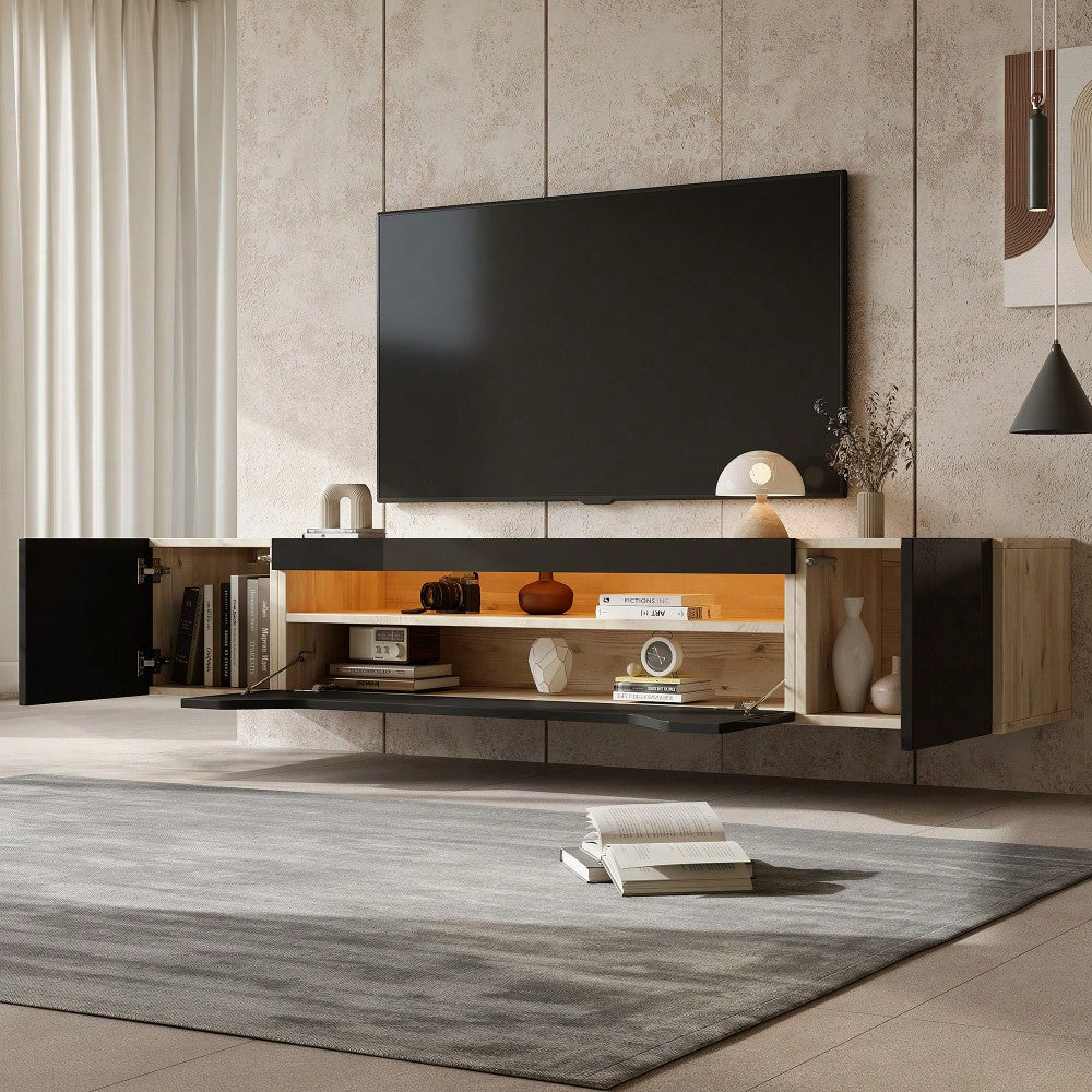 180*37*36cm Fernsehschrank mit 3 Staufächern Lowboard , Hängeboard schwebend, Hochglanz-TV-Schrank mit LED-Licht,Fernsehtisch,wandmontierbar, Passend für 75-Zoll-Fernseher,Schwarz + Original Holzfarbe