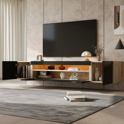 180*37*36cm Fernsehschrank mit 3 Staufächern Lowboard , Hängeboard schwebend, Hochglanz-TV-Schrank mit LED-Licht,Fernsehtisch,wandmontierbar, Passend für 75-Zoll-Fernseher,Schwarz + Original Holzfarbe