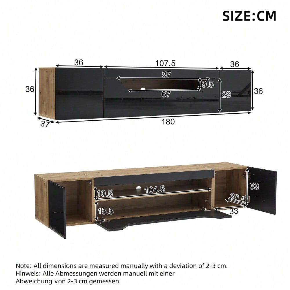 180*37*36cm Fernsehschrank mit 3 Staufächern Lowboard , Hängeboard schwebend, Hochglanz-TV-Schrank mit LED-Licht,Fernsehtisch,wandmontierbar, Passend für 75-Zoll-Fernseher,Schwarz + Original Holzfarbe