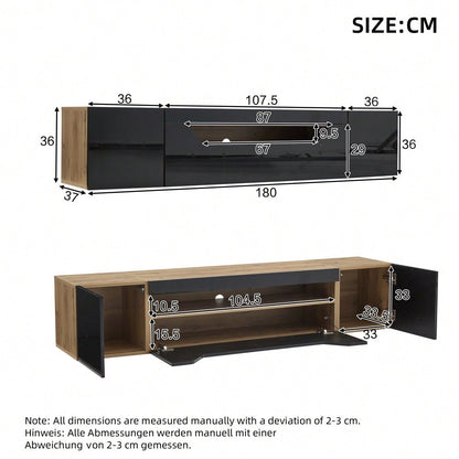 180*37*36cm Fernsehschrank mit 3 Staufächern Lowboard , Hängeboard schwebend, Hochglanz-TV-Schrank mit LED-Licht,Fernsehtisch,wandmontierbar, Passend für 75-Zoll-Fernseher,Schwarz + Original Holzfarbe