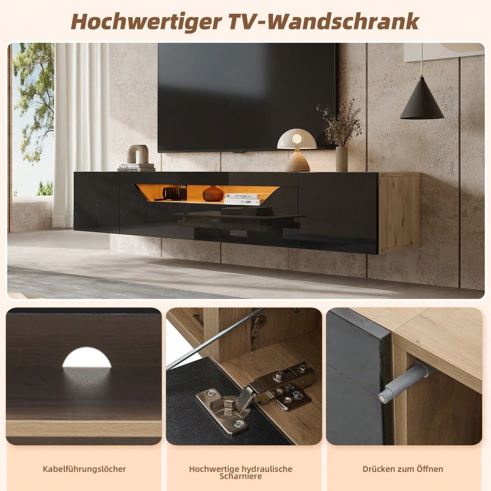 180*37*36cm Fernsehschrank mit 3 Staufächern Lowboard , Hängeboard schwebend, Hochglanz-TV-Schrank mit LED-Licht,Fernsehtisch,wandmontierbar, Passend für 75-Zoll-Fernseher,Schwarz + Original Holzfarbe