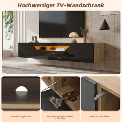 180*37*36cm Fernsehschrank mit 3 Staufächern Lowboard , Hängeboard schwebend, Hochglanz-TV-Schrank mit LED-Licht,Fernsehtisch,wandmontierbar, Passend für 75-Zoll-Fernseher,Schwarz + Original Holzfarbe