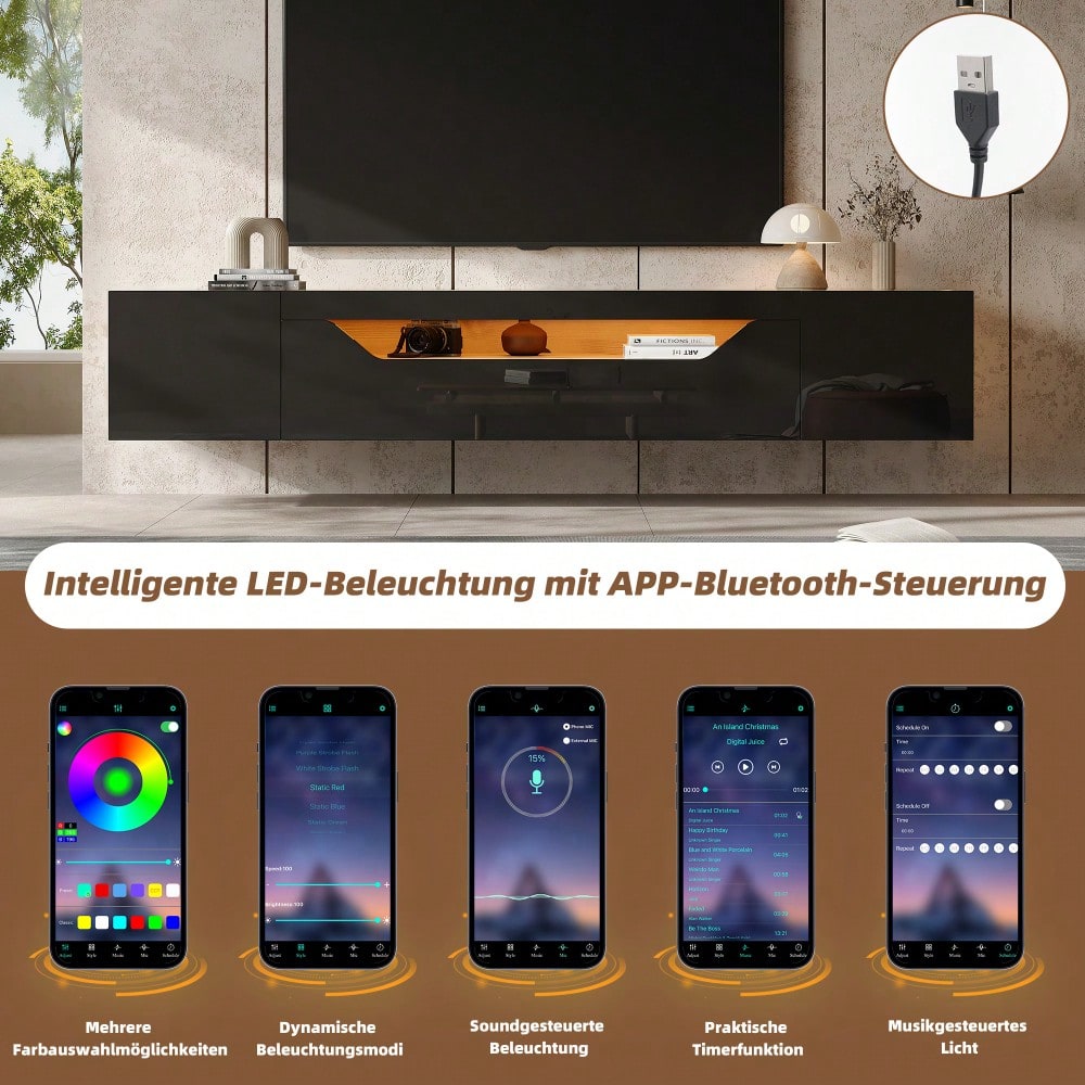 180*37*36cm Fernsehschrank mit 3 Staufächern Lowboard , Hängeboard schwebend, Hochglanz-TV-Schrank mit LED-Licht,Fernsehtisch,wandmontierbar, Passend für 75-Zoll-Fernseher,Schwarz + Original Holzfarbe