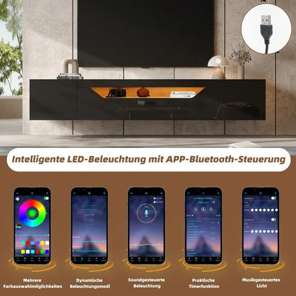 180*37*36cm Fernsehschrank mit 3 Staufächern Lowboard , Hängeboard schwebend, Hochglanz-TV-Schrank mit LED-Licht,Fernsehtisch,wandmontierbar, Passend für 75-Zoll-Fernseher,Schwarz + Original Holzfarbe