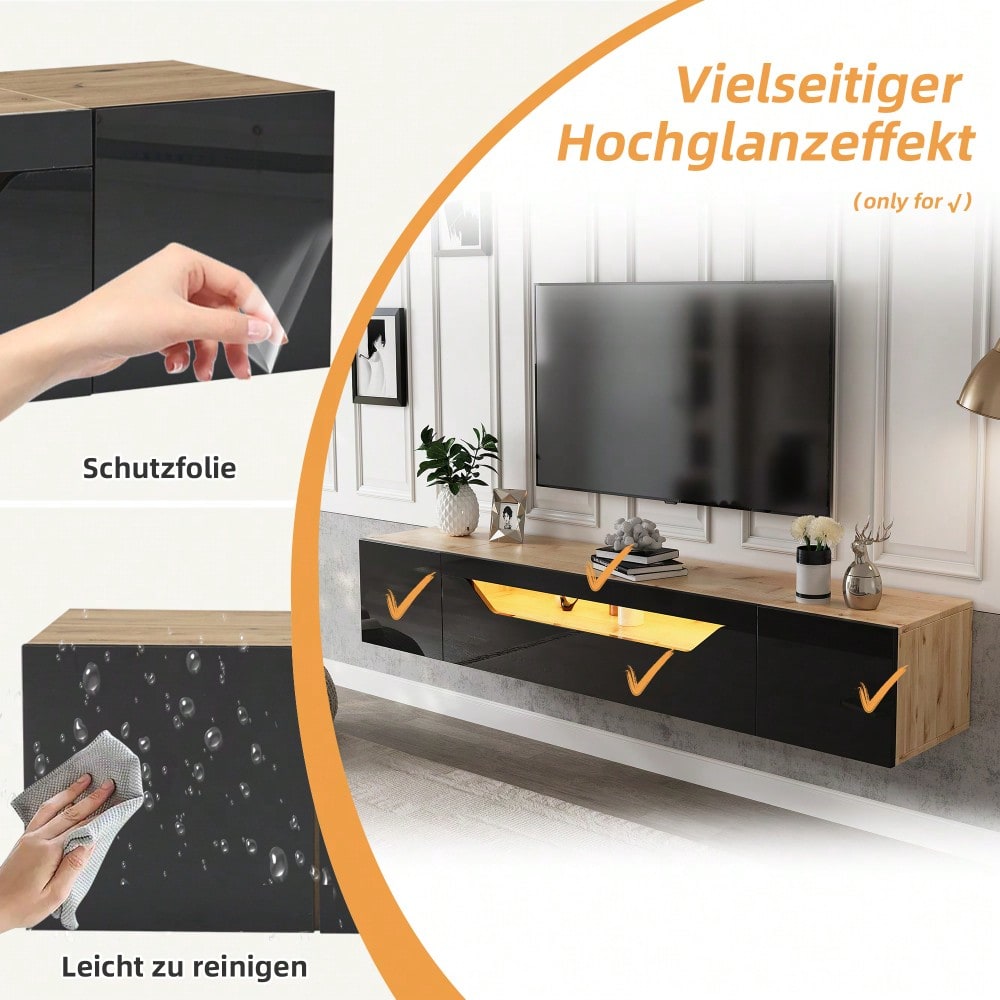 180*37*36cm Fernsehschrank mit 3 Staufächern Lowboard , Hängeboard schwebend, Hochglanz-TV-Schrank mit LED-Licht,Fernsehtisch,wandmontierbar, Passend für 75-Zoll-Fernseher,Schwarz + Original Holzfarbe