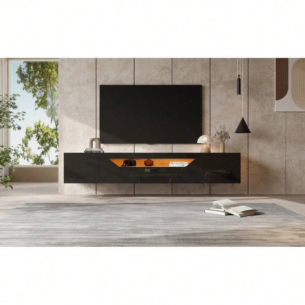 180*37*36cm Fernsehschrank mit 3 Staufächern Lowboard , Hängeboard schwebend, Hochglanz-TV-Schrank mit LED-Licht,Fernsehtisch,wandmontierbar, Passend für 75-Zoll-Fernseher,Schwarz + Original Holzfarbe