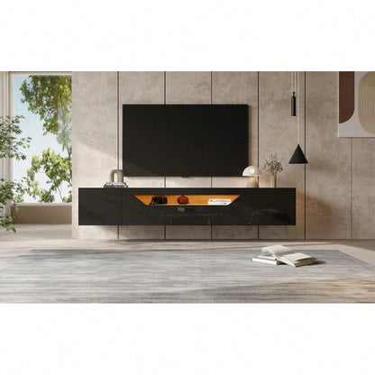 180*37*36cm Fernsehschrank mit 3 Staufächern Lowboard , Hängeboard schwebend, Hochglanz-TV-Schrank mit LED-Licht,Fernsehtisch,wandmontierbar, Passend für 75-Zoll-Fernseher,Schwarz + Original Holzfarbe
