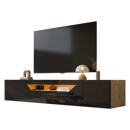 180*37*36cm Fernsehschrank mit 3 Staufächern Lowboard , Hängeboard schwebend, Hochglanz-TV-Schrank mit LED-Licht,Fernsehtisch,wandmontierbar, Passend für 75-Zoll-Fernseher,Schwarz + Original Holzfarbe