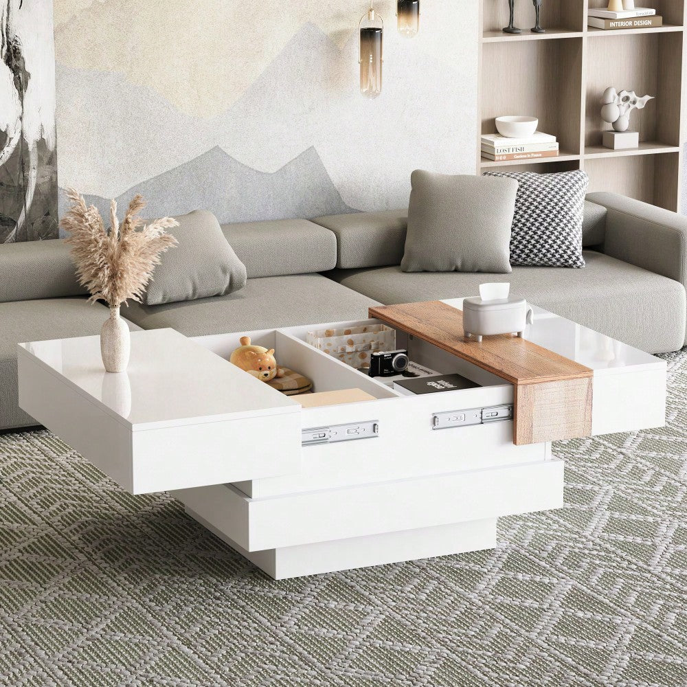 70*70*39cm hochglanz mit ausziehbarer Tischplatte, Beistelltisch, Quadratischer Couchtisch mit verstecktem Stauraum und Trennwänden, weiß + Primärfarbe