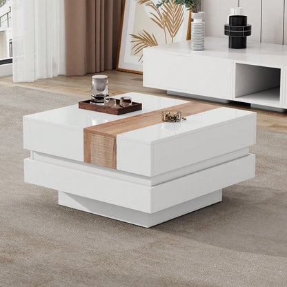 70*70*39cm hochglanz mit ausziehbarer Tischplatte, Beistelltisch, Quadratischer Couchtisch mit verstecktem Stauraum und Trennwänden, weiß + Primärfarbe