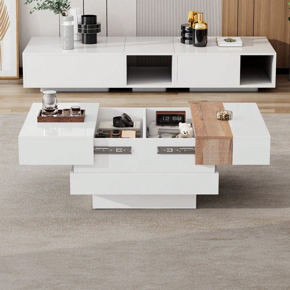 70*70*39cm hochglanz mit ausziehbarer Tischplatte, Beistelltisch, Quadratischer Couchtisch mit verstecktem Stauraum und Trennwänden, weiß + Primärfarbe
