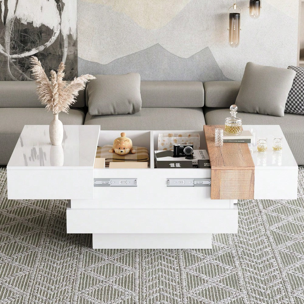 70*70*39cm hochglanz mit ausziehbarer Tischplatte, Beistelltisch, Quadratischer Couchtisch mit verstecktem Stauraum und Trennwänden, weiß + Primärfarbe