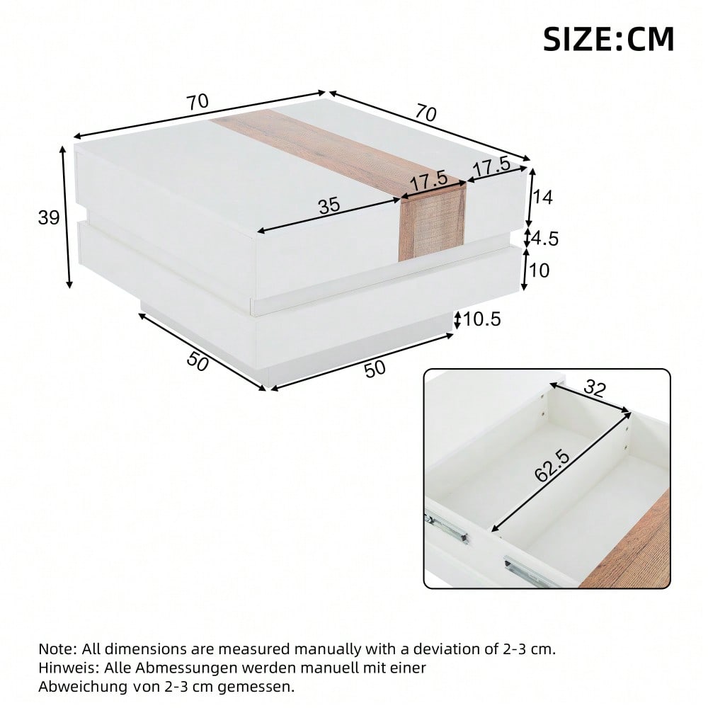 70*70*39cm hochglanz mit ausziehbarer Tischplatte, Beistelltisch, Quadratischer Couchtisch mit verstecktem Stauraum und Trennwänden, weiß + Primärfarbe