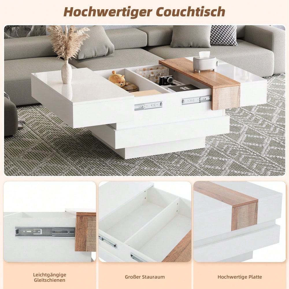 70*70*39cm hochglanz mit ausziehbarer Tischplatte, Beistelltisch, Quadratischer Couchtisch mit verstecktem Stauraum und Trennwänden, weiß + Primärfarbe