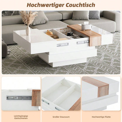 70*70*39cm hochglanz mit ausziehbarer Tischplatte, Beistelltisch, Quadratischer Couchtisch mit verstecktem Stauraum und Trennwänden, weiß + Primärfarbe