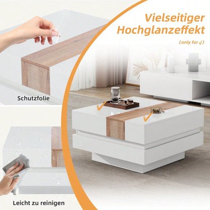 70*70*39cm hochglanz mit ausziehbarer Tischplatte, Beistelltisch, Quadratischer Couchtisch mit verstecktem Stauraum und Trennwänden, weiß + Primärfarbe