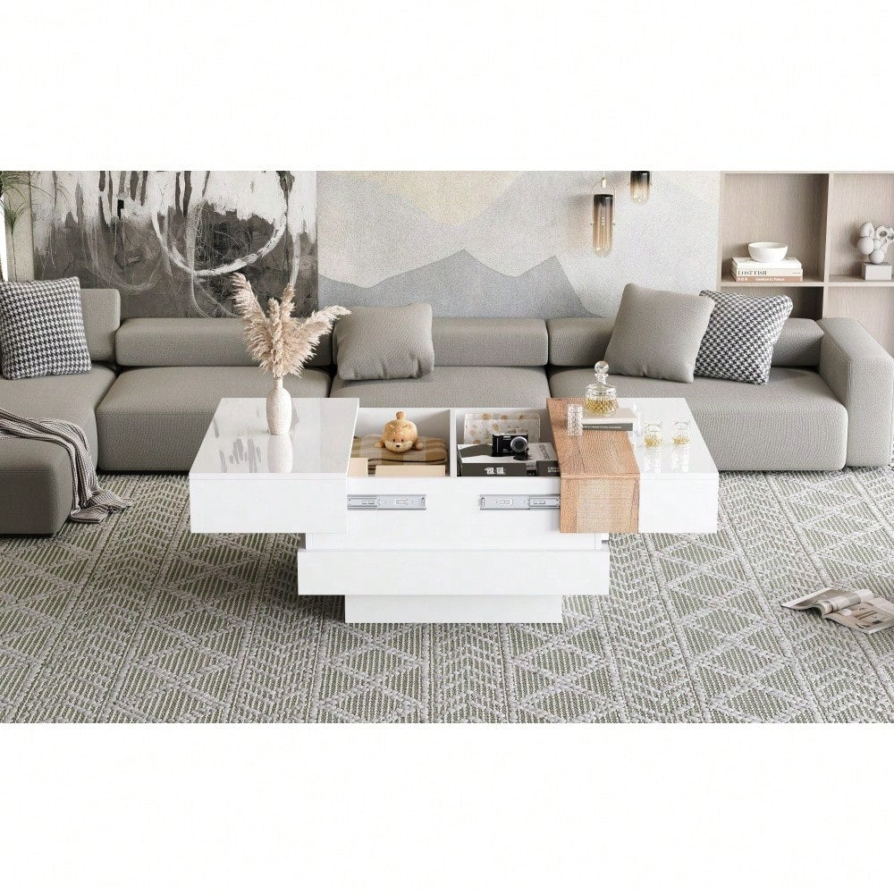 70*70*39cm hochglanz mit ausziehbarer Tischplatte, Beistelltisch, Quadratischer Couchtisch mit verstecktem Stauraum und Trennwänden, weiß + Primärfarbe