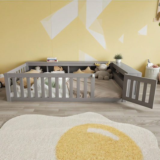 Multifunktionales Kinderbett 90 x 200 cm, mit reichlich Staufächern und Stauraum, mit Sicherheitsgitter und Türchen, Rundum-Sicherheitsschutz, Massivholzbett mit Lattenrost, Einzelbett, Grau