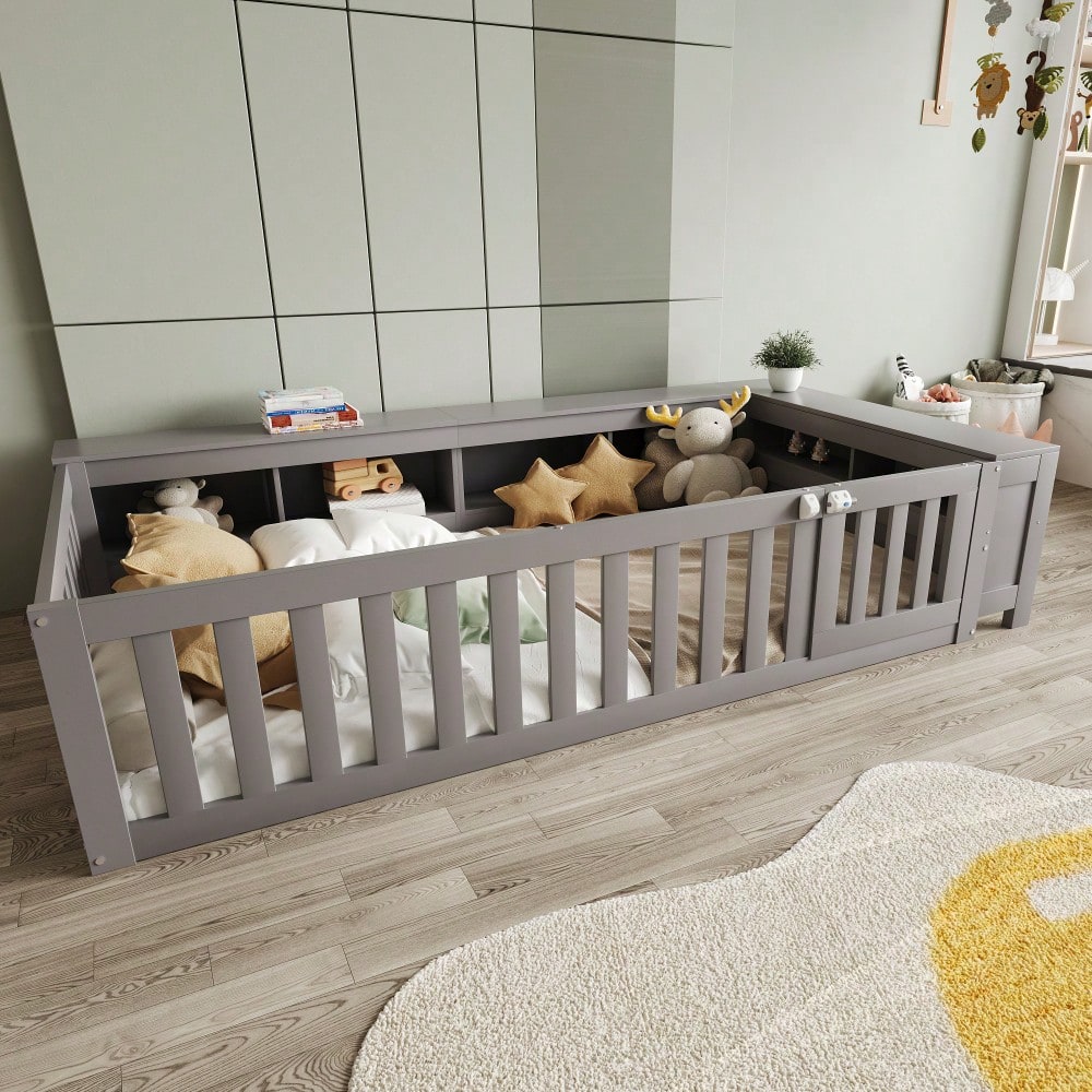 Multifunktionales Kinderbett 90 x 200 cm, mit reichlich Staufächern und Stauraum, mit Sicherheitsgitter und Türchen, Rundum-Sicherheitsschutz, Massivholzbett mit Lattenrost, Einzelbett, Grau