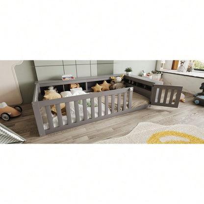 Multifunktionales Kinderbett 90 x 200 cm, mit reichlich Staufächern und Stauraum, mit Sicherheitsgitter und Türchen, Rundum-Sicherheitsschutz, Massivholzbett mit Lattenrost, Einzelbett, Grau