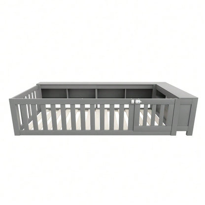 Multifunktionales Kinderbett 90 x 200 cm, mit reichlich Staufächern und Stauraum, mit Sicherheitsgitter und Türchen, Rundum-Sicherheitsschutz, Massivholzbett mit Lattenrost, Einzelbett, Grau