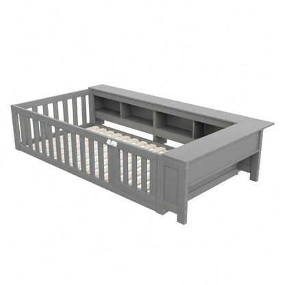 Multifunktionales Kinderbett 90 x 200 cm, mit reichlich Staufächern und Stauraum, mit Sicherheitsgitter und Türchen, Rundum-Sicherheitsschutz, Massivholzbett mit Lattenrost, Einzelbett, Grau