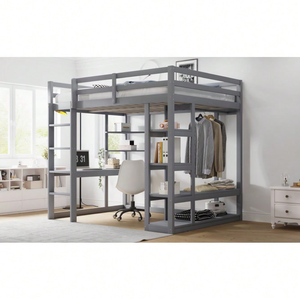 Hochbett mit Leiter Massivholz 140*200 cm, Mit Tisch und Regalen, Mit Einfachen Aufhängungen und Ablage Laminat, Kinderbetten Jugendbetten, Doppelbetten, Grau