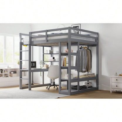 Hochbett mit Leiter Massivholz 140*200 cm, Mit Tisch und Regalen, Mit Einfachen Aufhängungen und Ablage Laminat, Kinderbetten Jugendbetten, Doppelbetten, Grau