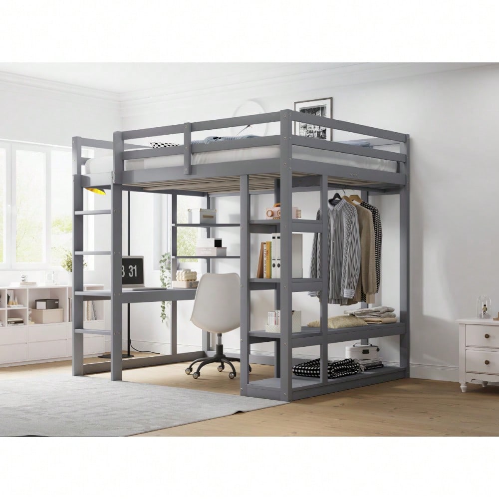 Hochbett mit Leiter Massivholz 140*200 cm, Mit Tisch und Regalen, Mit Einfachen Aufhängungen und Ablage Laminat, Kinderbetten Jugendbetten, Doppelbetten, Grau