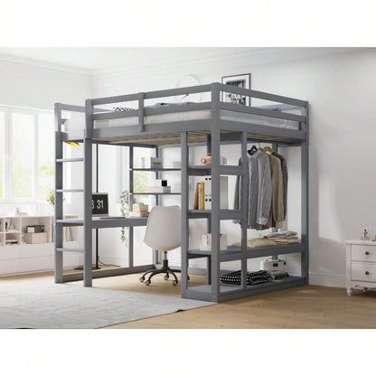Hochbett mit Leiter Massivholz 140*200 cm, Mit Tisch und Regalen, Mit Einfachen Aufhängungen und Ablage Laminat, Kinderbetten Jugendbetten, Doppelbetten, Grau