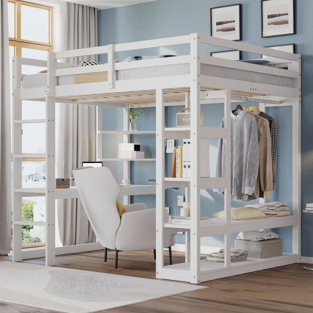 Hochbett mit Leiter Massivholz 140*200 cm, Mit Tisch und Regalen, Mit Einfachen Aufhängungen und Ablage Laminat, Kinderbetten Jugendbetten, Doppelbetten, Weiß