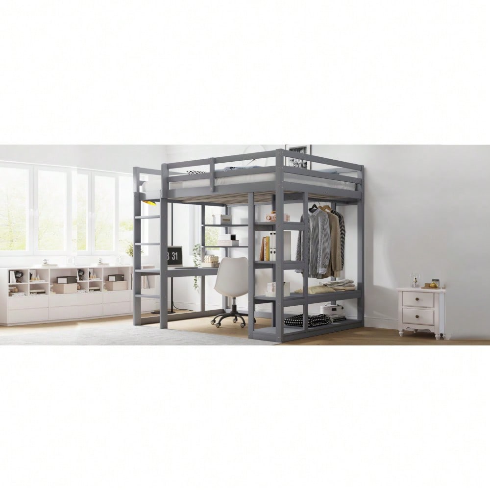 Hochbett mit Leiter Massivholz 140*200 cm, Mit Tisch und Regalen, Mit Einfachen Aufhängungen und Ablage Laminat, Kinderbetten Jugendbetten, Doppelbetten, Grau
