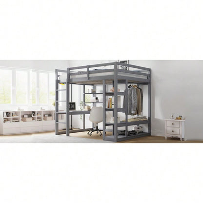 Hochbett mit Leiter Massivholz 140*200 cm, Mit Tisch und Regalen, Mit Einfachen Aufhängungen und Ablage Laminat, Kinderbetten Jugendbetten, Doppelbetten, Grau