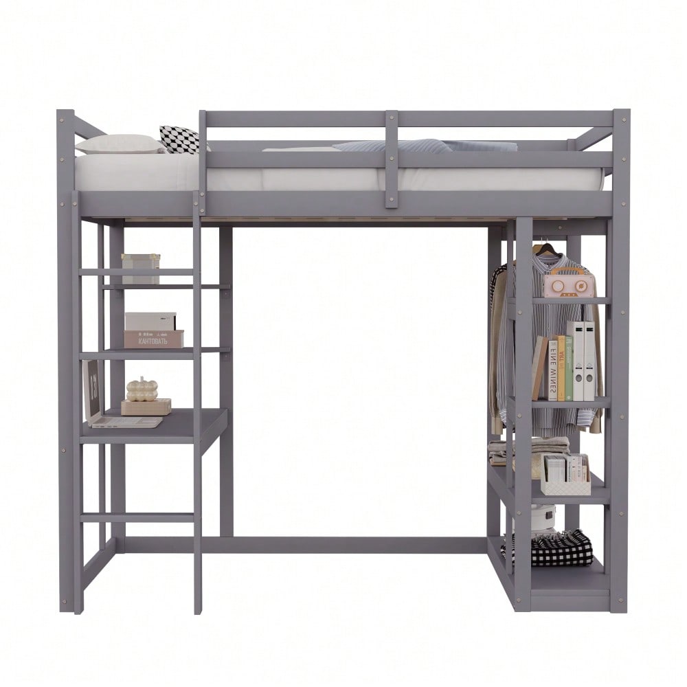 Hochbett mit Leiter Massivholz 140*200 cm, Mit Tisch und Regalen, Mit Einfachen Aufhängungen und Ablage Laminat, Kinderbetten Jugendbetten, Doppelbetten, Grau