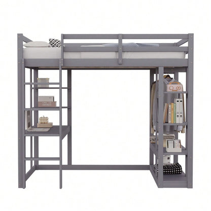 Hochbett mit Leiter Massivholz 140*200 cm, Mit Tisch und Regalen, Mit Einfachen Aufhängungen und Ablage Laminat, Kinderbetten Jugendbetten, Doppelbetten, Grau
