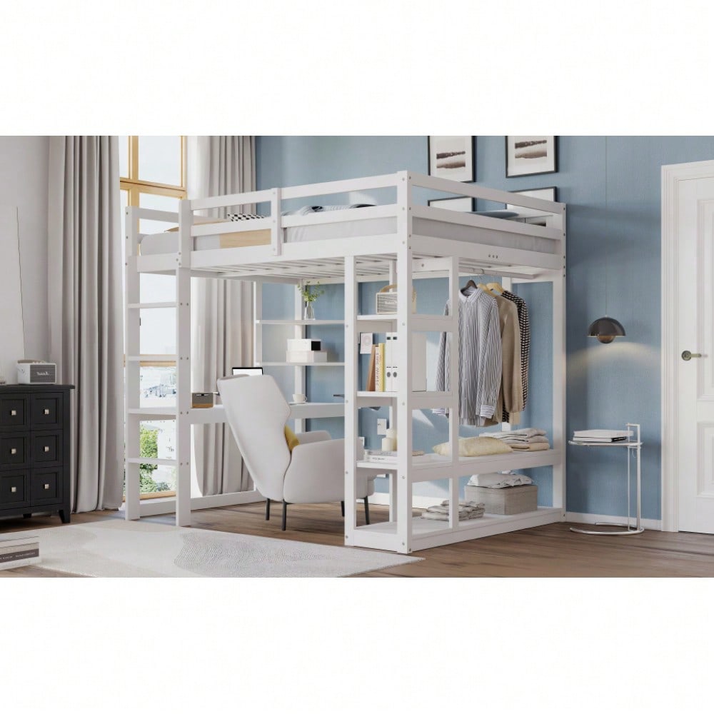 Hochbett mit Leiter Massivholz 140*200 cm, Mit Tisch und Regalen, Mit Einfachen Aufhängungen und Ablage Laminat, Kinderbetten Jugendbetten, Doppelbetten, Weiß