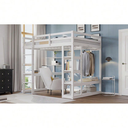 Hochbett mit Leiter Massivholz 140*200 cm, Mit Tisch und Regalen, Mit Einfachen Aufhängungen und Ablage Laminat, Kinderbetten Jugendbetten, Doppelbetten, Weiß