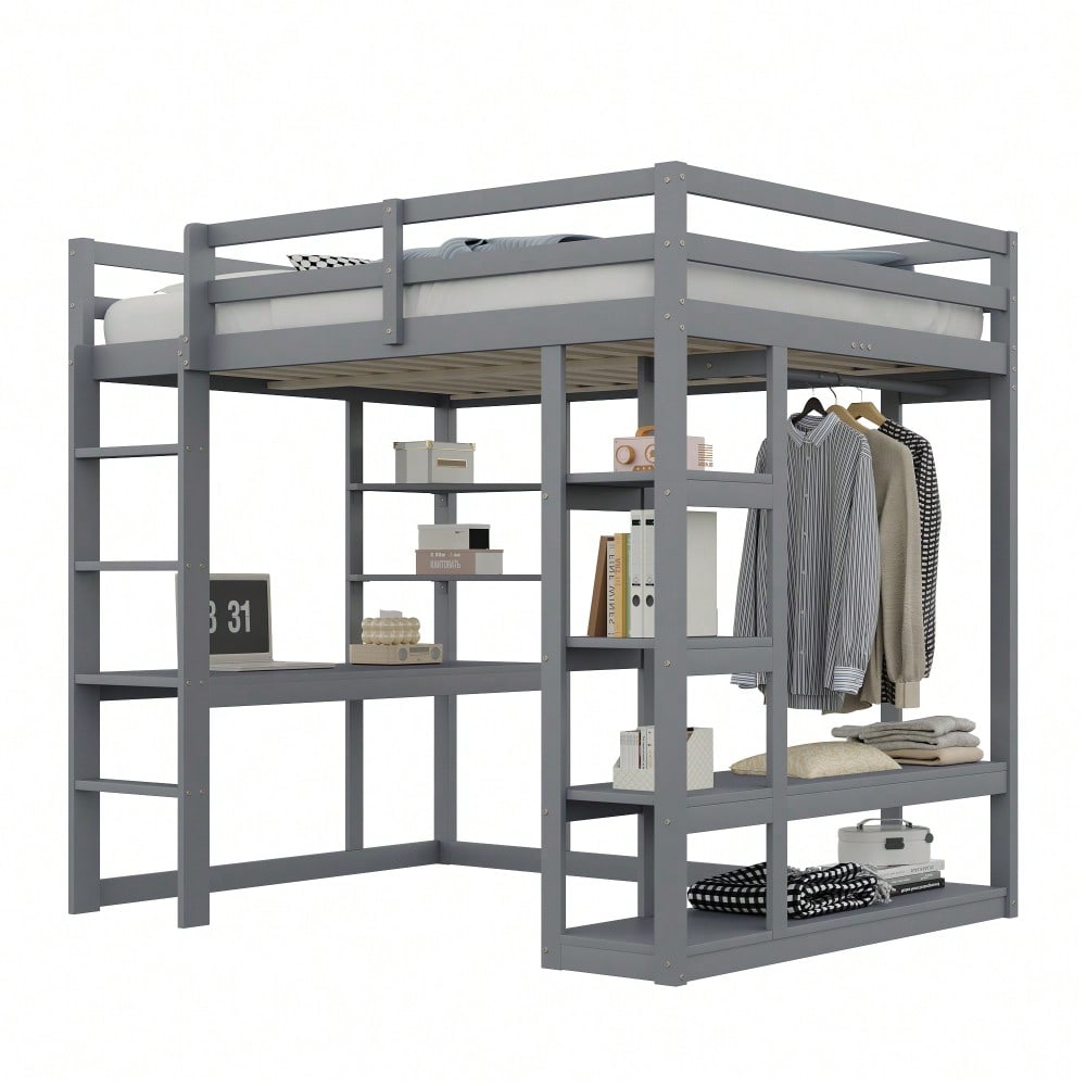 Hochbett mit Leiter Massivholz 140*200 cm, Mit Tisch und Regalen, Mit Einfachen Aufhängungen und Ablage Laminat, Kinderbetten Jugendbetten, Doppelbetten, Grau