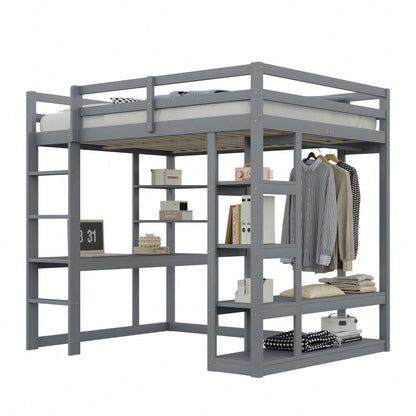 Hochbett mit Leiter Massivholz 140*200 cm, Mit Tisch und Regalen, Mit Einfachen Aufhängungen und Ablage Laminat, Kinderbetten Jugendbetten, Doppelbetten, Grau