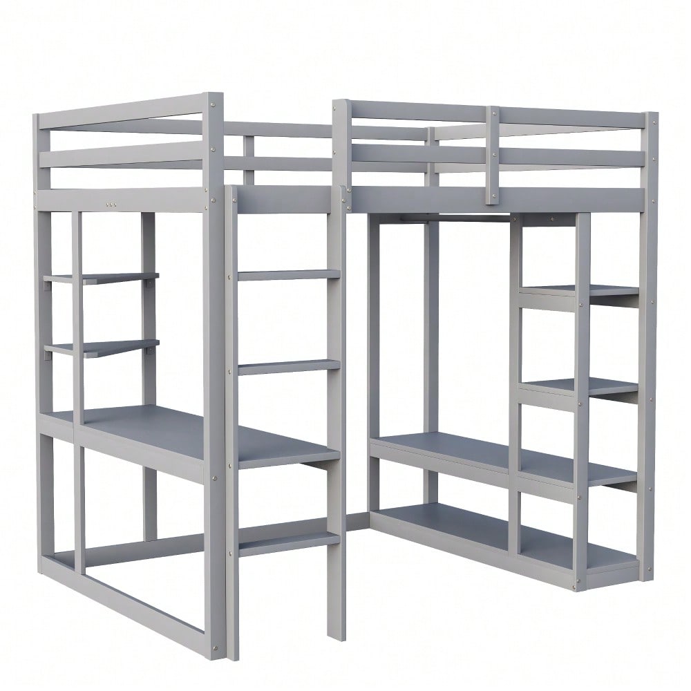 Hochbett mit Leiter Massivholz 140*200 cm, Mit Tisch und Regalen, Mit Einfachen Aufhängungen und Ablage Laminat, Kinderbetten Jugendbetten, Doppelbetten, Grau