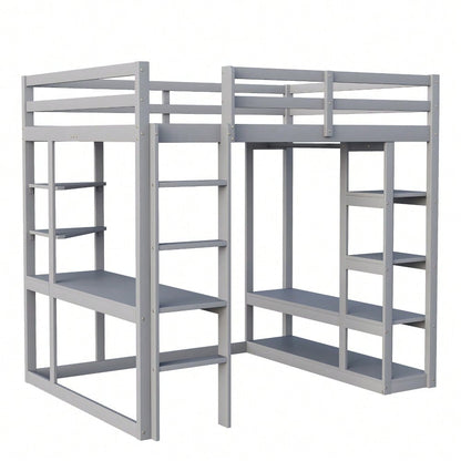 Hochbett mit Leiter Massivholz 140*200 cm, Mit Tisch und Regalen, Mit Einfachen Aufhängungen und Ablage Laminat, Kinderbetten Jugendbetten, Doppelbetten, Grau