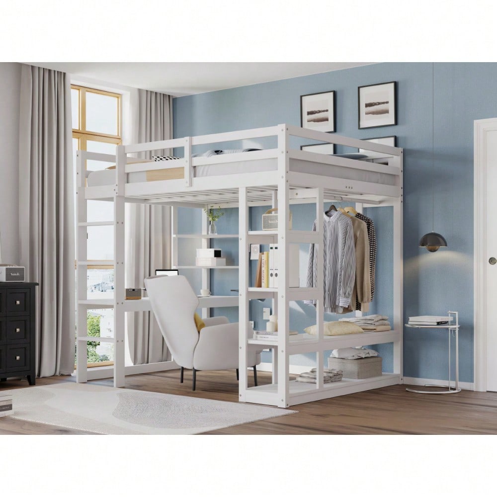 Hochbett mit Leiter Massivholz 140*200 cm, Mit Tisch und Regalen, Mit Einfachen Aufhängungen und Ablage Laminat, Kinderbetten Jugendbetten, Doppelbetten, Weiß