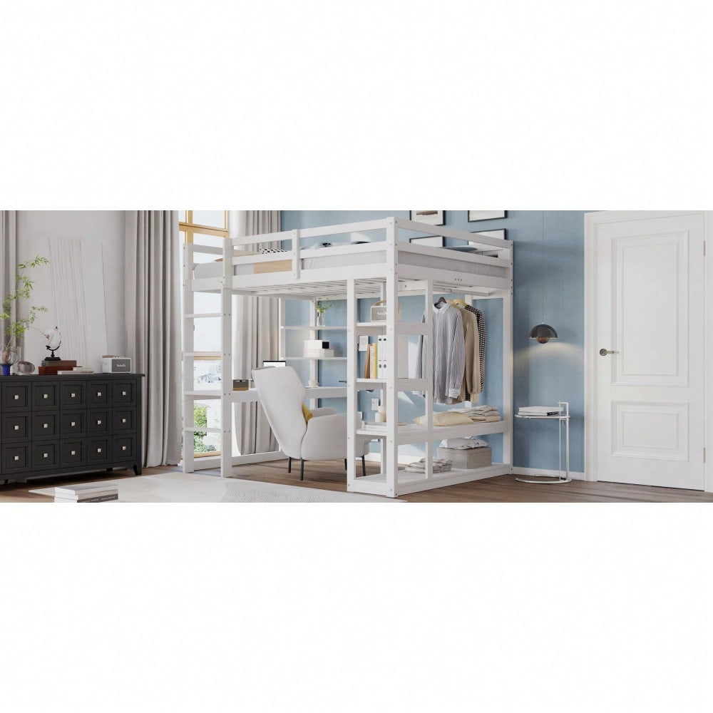 Hochbett mit Leiter Massivholz 140*200 cm, Mit Tisch und Regalen, Mit Einfachen Aufhängungen und Ablage Laminat, Kinderbetten Jugendbetten, Doppelbetten, Weiß