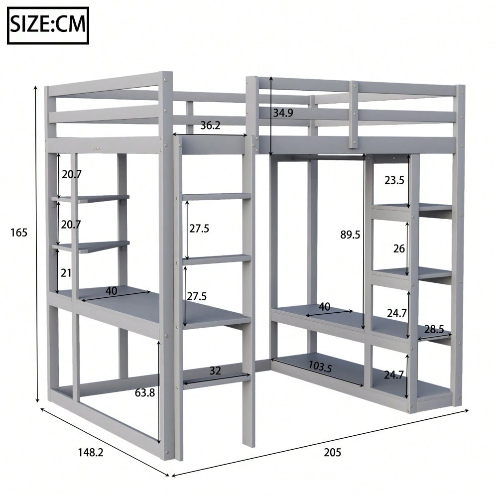 Hochbett mit Leiter Massivholz 140*200 cm, Mit Tisch und Regalen, Mit Einfachen Aufhängungen und Ablage Laminat, Kinderbetten Jugendbetten, Doppelbetten, Grau